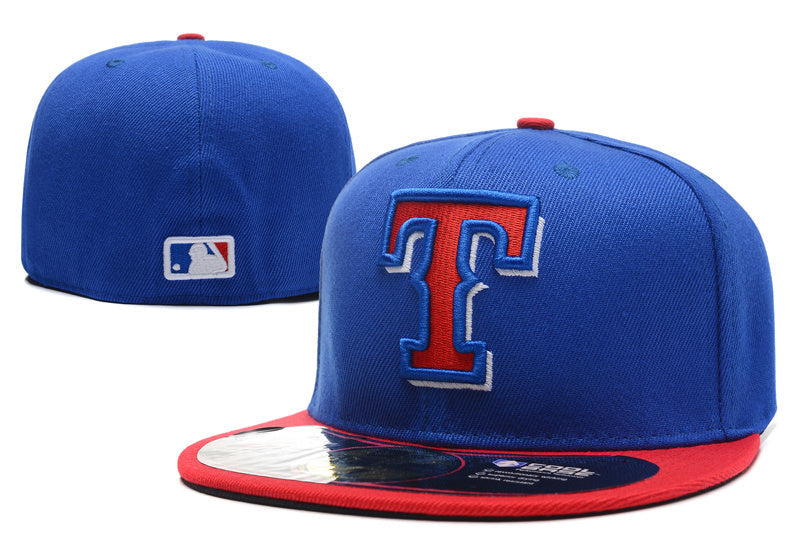 Texas Rangers Blue and Red Fitted Hat with Team Logo — view 1