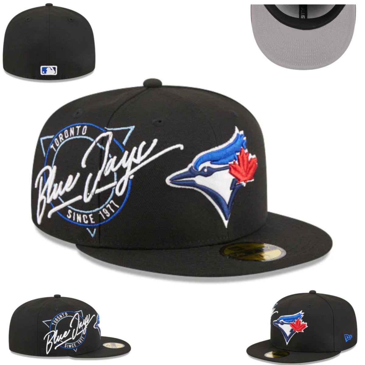 Toronto Blue Jays Black Fitted Hat with Script Logo and Team Patch — view 1