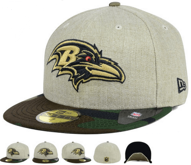Baltimore Ravens Fitted Hat with Gold Logo and Camouflage Brim – Khaki and Camo — view 1