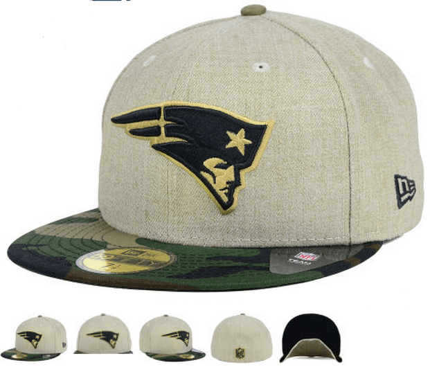 New England Patriots Fitted Hat with Gold Logo and Camouflage Brim – Khaki and Camo — view 1