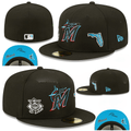Miami Marlins Fitted Hat with Side Patches and Aqua Blue Undervisor – Black — view 1