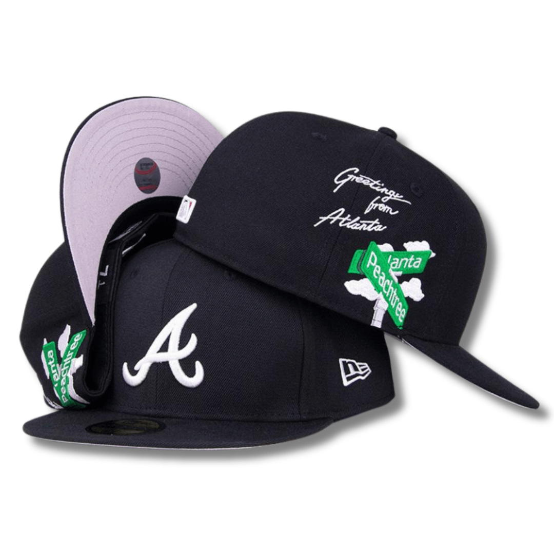 Atlanta Braves Fitted Hat with Peachtree Street Patch and “Greetings from Atlanta” Design – Black — view 1