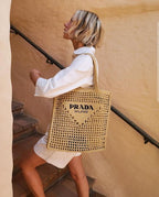Prada Women's Natural Crochet Tote Bag-Khaki — view 4