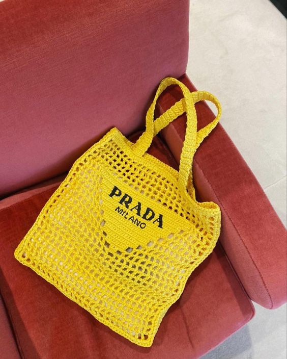 Prada Women's Natural Crochet Tote Bag-Yellow — view 6