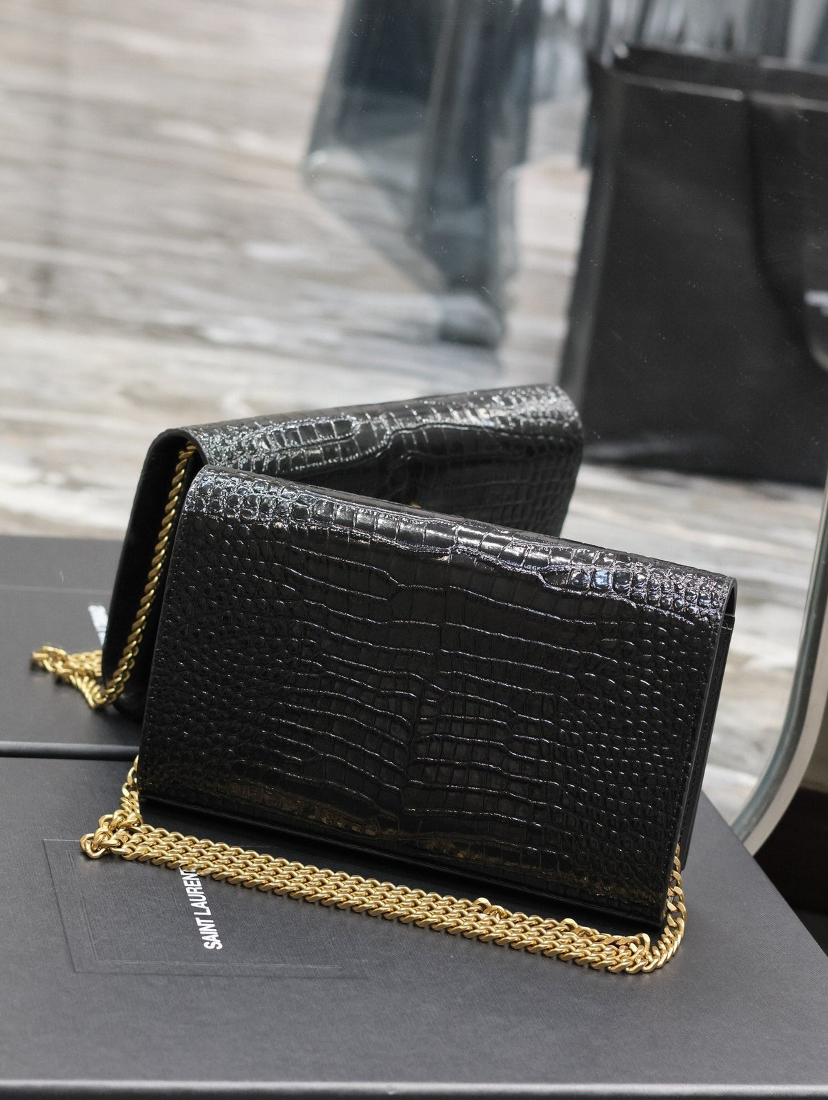 YSL Kate Croc Embossed Black Gold Hardware Shoulder Bag — view 5