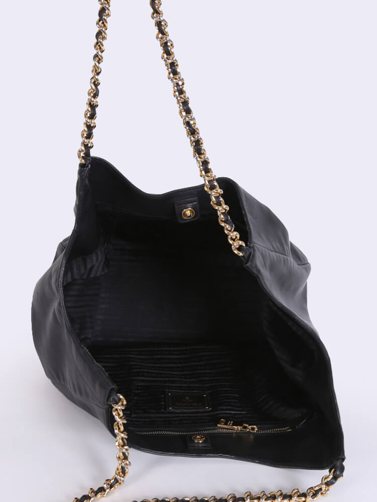 Prada Vitello Soft Chain Handle Shoulder Bag Nero - Black/Silver Hardware — view 6