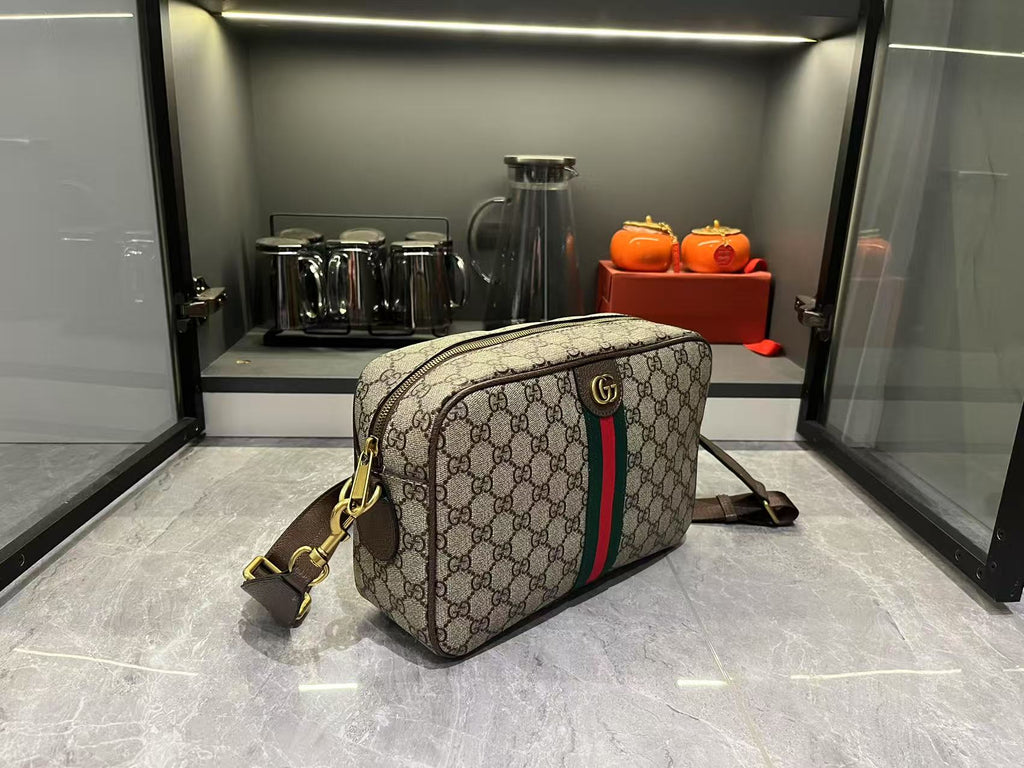 Gucci Ophidia Medium GG Supreme Canvas Shoulder Crossbody Bag with Web Stripe and Leather Trim — view 4