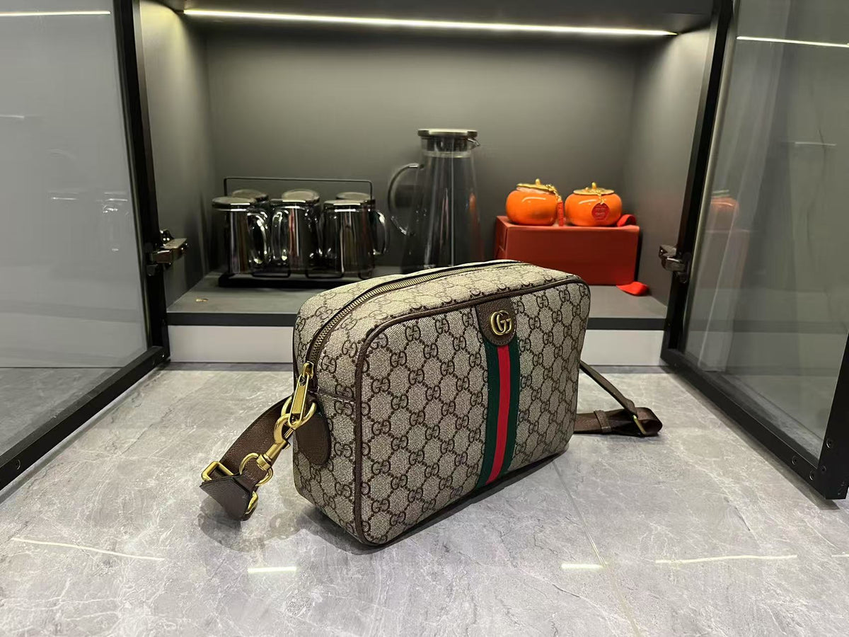 Gucci Ophidia Medium GG Supreme Canvas Shoulder Crossbody Bag with Web Stripe and Leather Trim — view 4