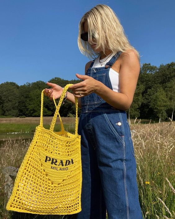 Prada Women's Natural Crochet Tote Bag-Yellow — view 3