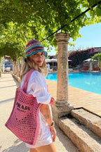 Prada Women's Natural Crochet Tote Bag-Pink — view 3