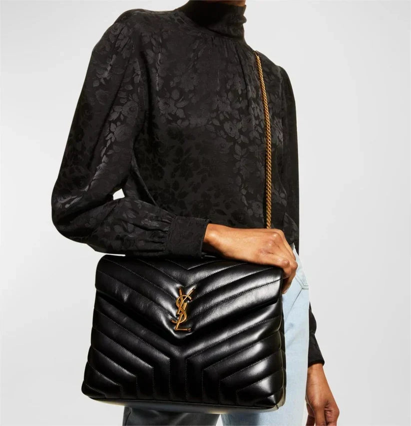 YSL Medium 32 Loulou Bag Black in Gold — view 2