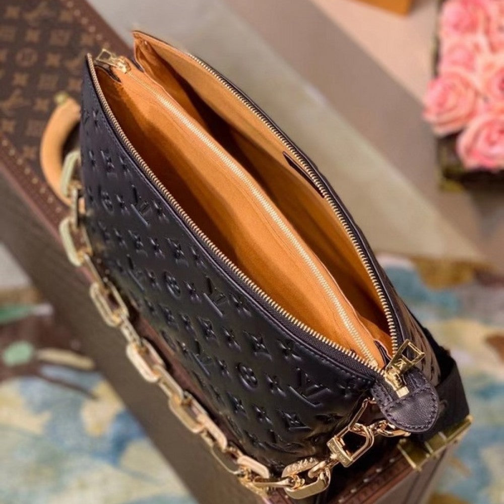 LV Coussin MM Monogram Empreinte Leather Shoulder Crossbody Bag with Black Quilted Exterior and Gold Chain Strap — view 4