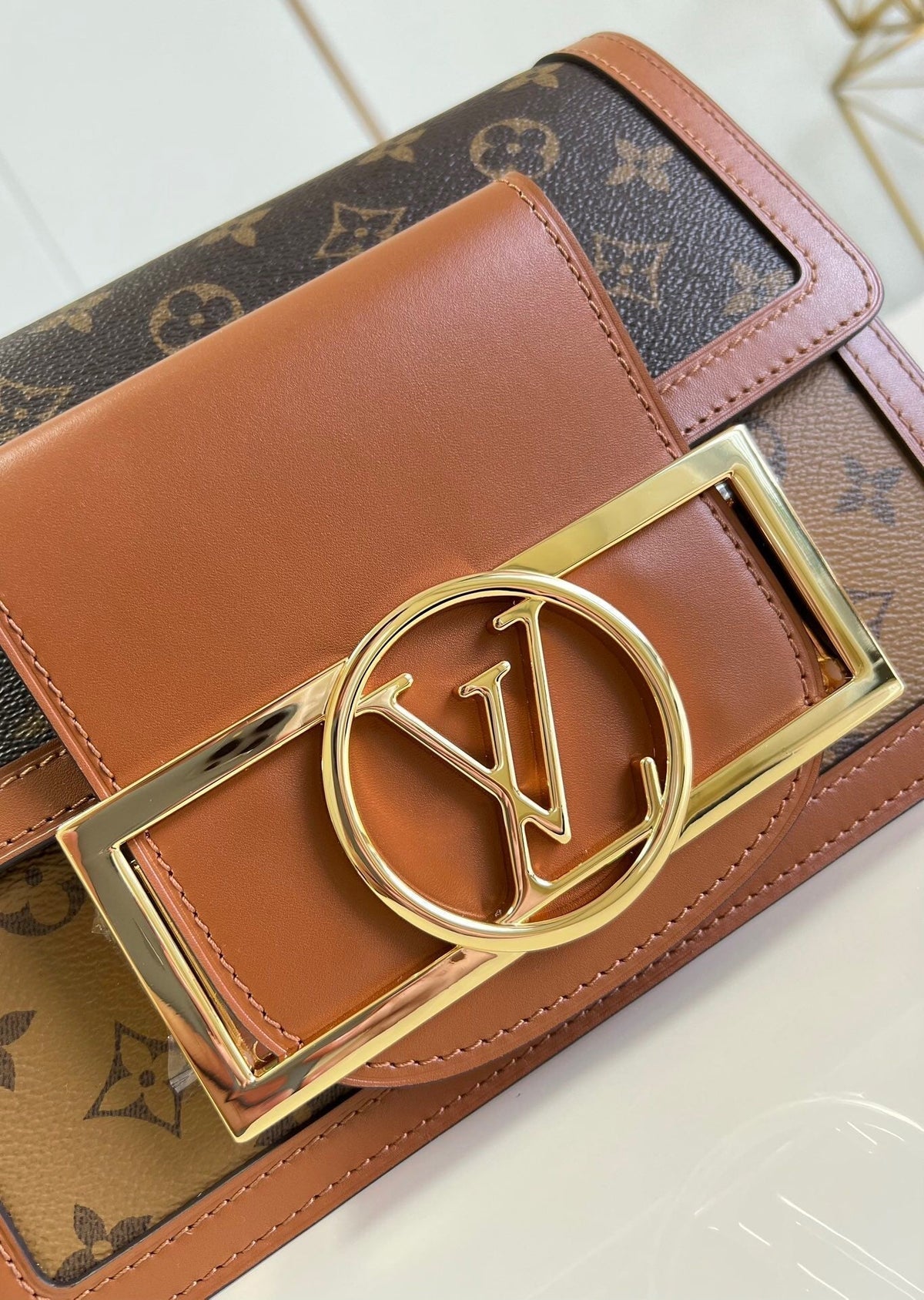 LV Dauphine MM Monogram Reverse Canvas Shoulder Crossbody Bag with Chain Strap and Leather Trim 25 cm - Brown — view 3