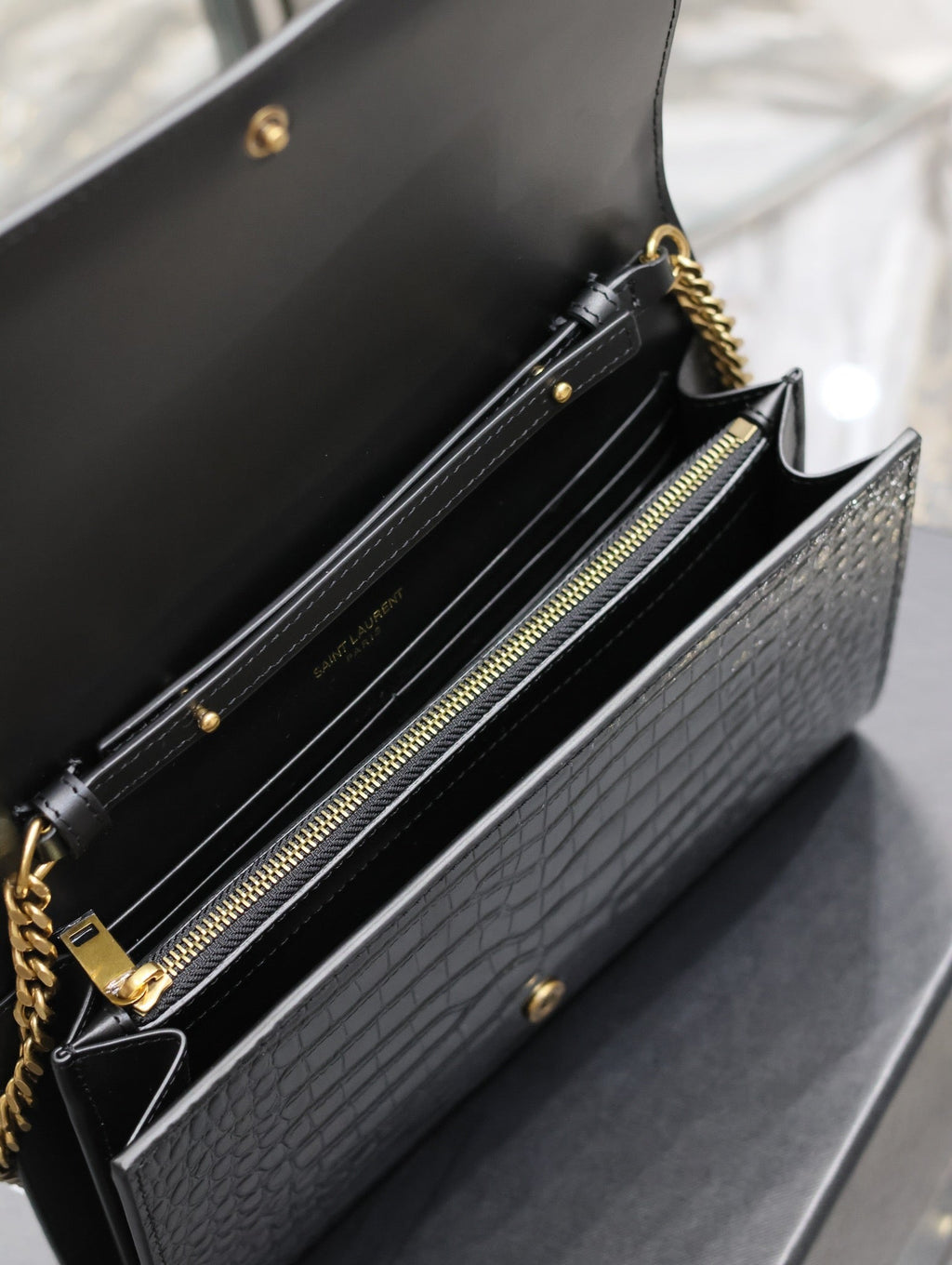 YSL Kate Croc Embossed Black Gold Hardware Shoulder Bag — view 6