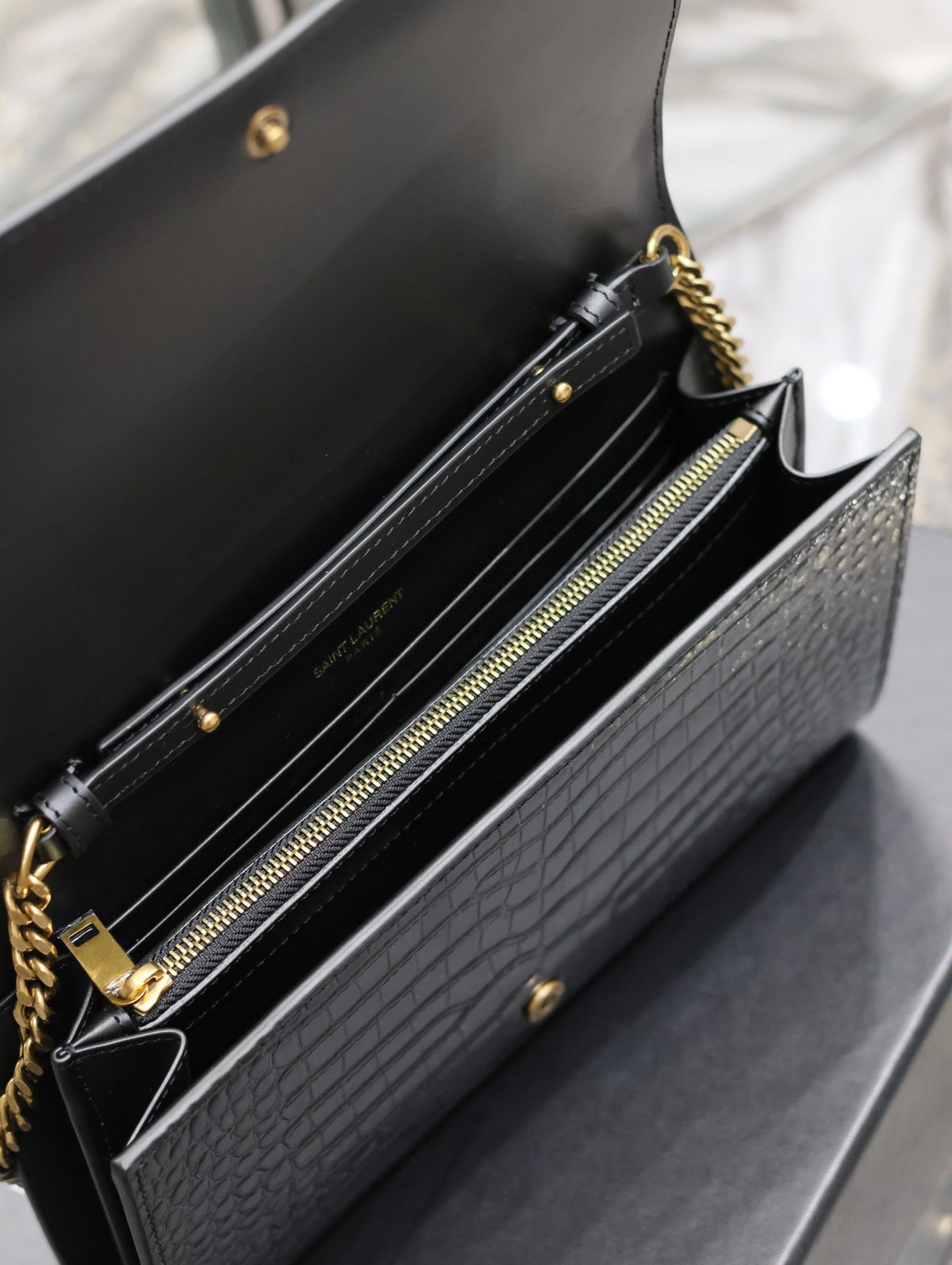 YSL Kate Croc Embossed Black Gold Hardware Shoulder Bag — view 6