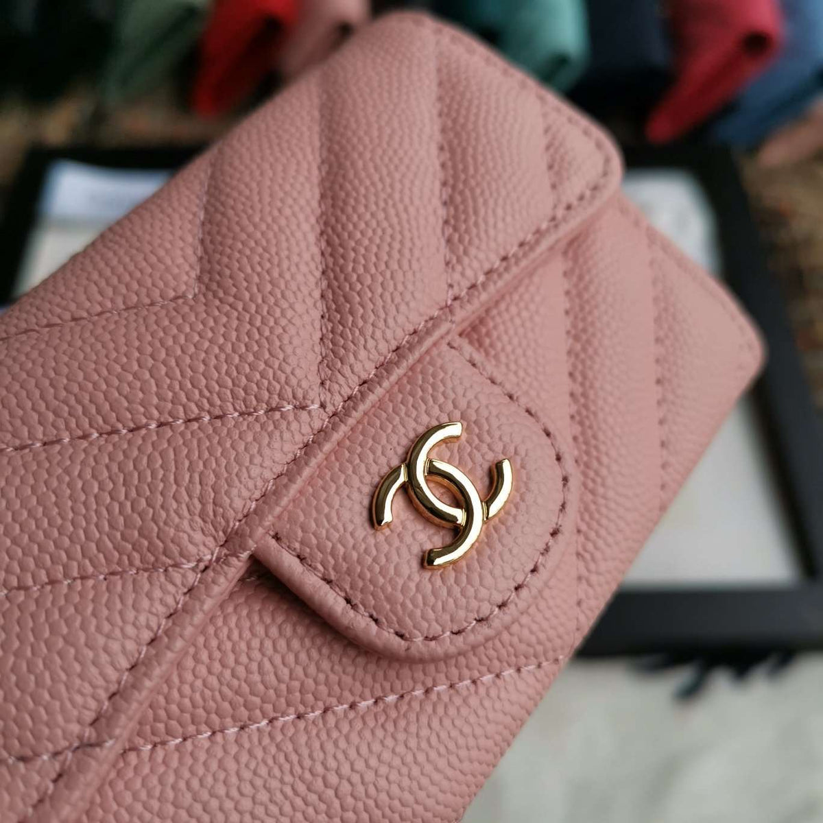 Chanel Caviar Chevron Quilted Compact Flap Wallet Pink - Matte Pink — view 4
