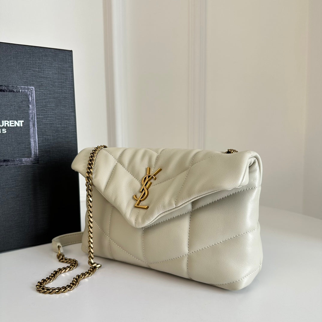 YSL Loulou Puffer Toy Quilted Lambskin Shoulder Crossbody Bag with Chain Strap White — view 2