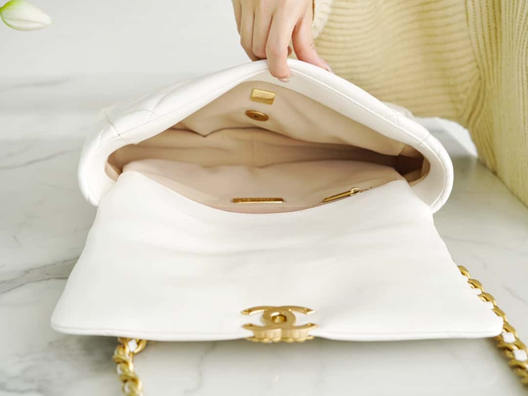 Chanel 19 Large Handbag Lambskin Gold AS1161 White — view 7