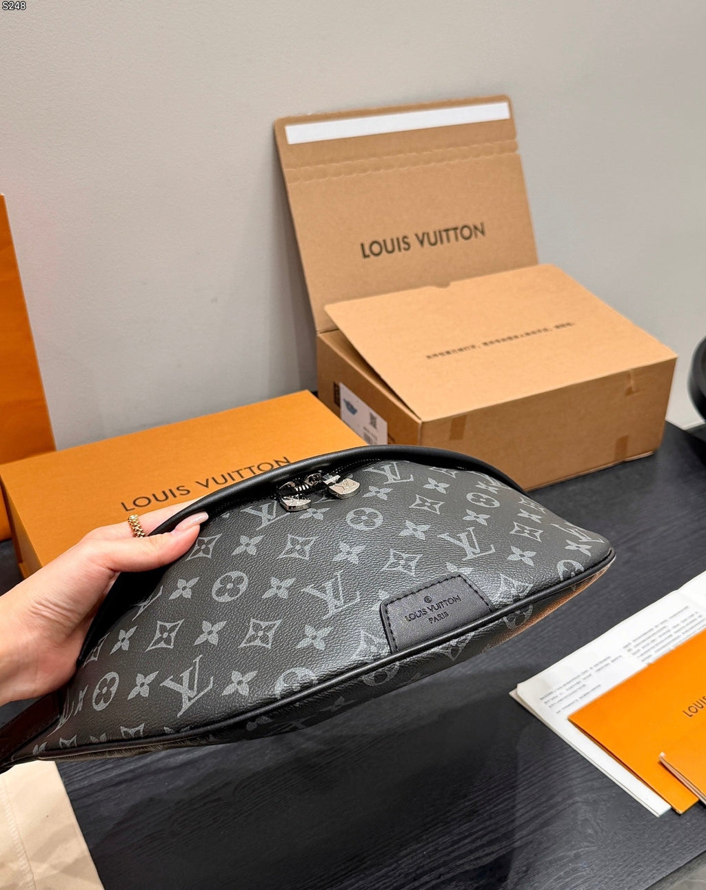 LV Bumbag Monogram Eclipse Canvas Crossbody Bag with Black Leather Trim — view 3