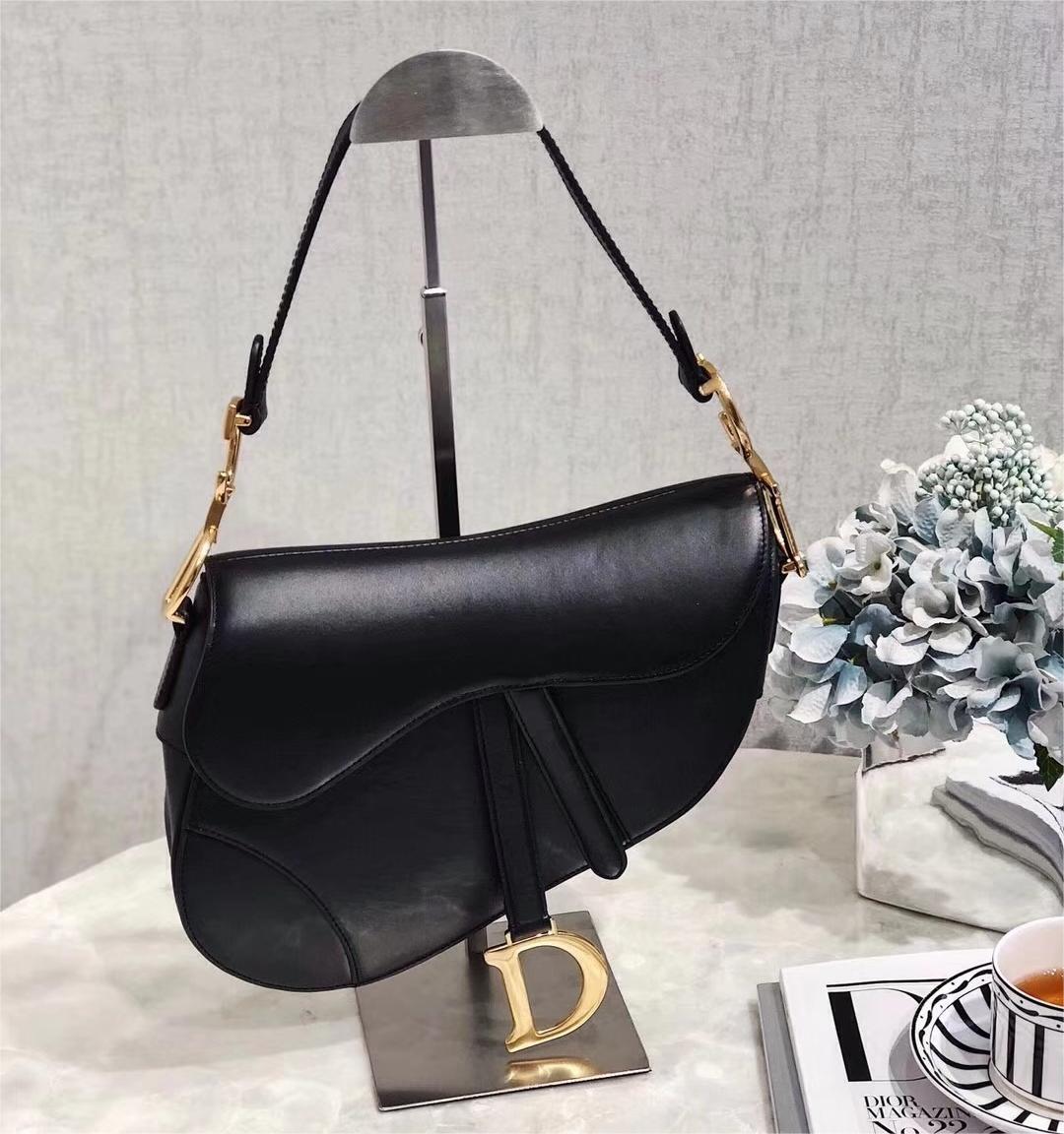 Dior Vintage Black Leather Saddle Bag with Gold Ornaments — view 2