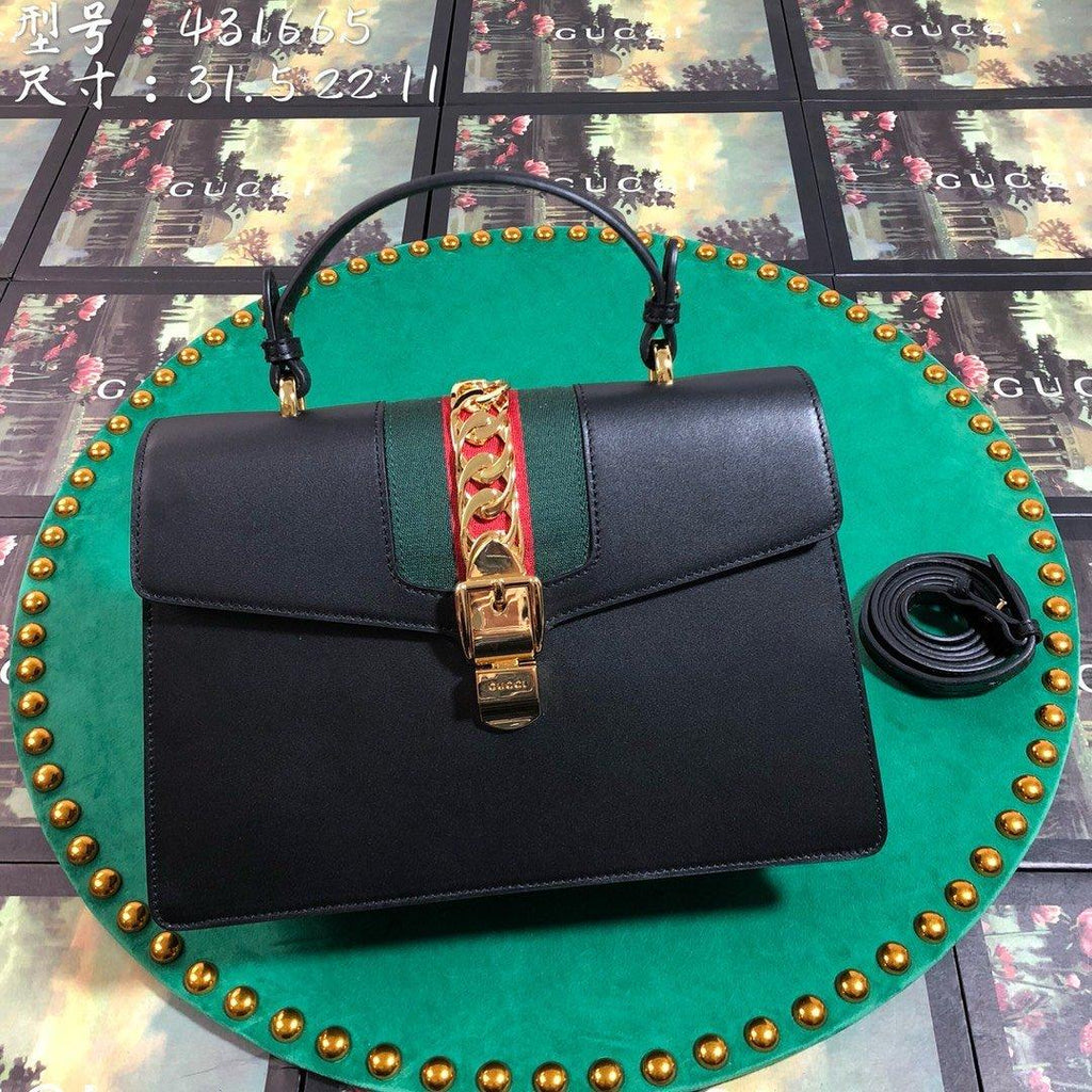 Gucci GG Sylvie Leather Medium Top Handle Bag - Black — view 1