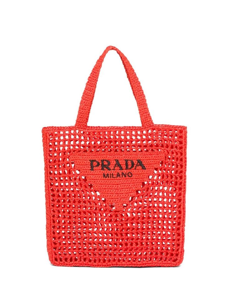 Prada Women's Natural Crochet Tote Bag-Orange — view 3