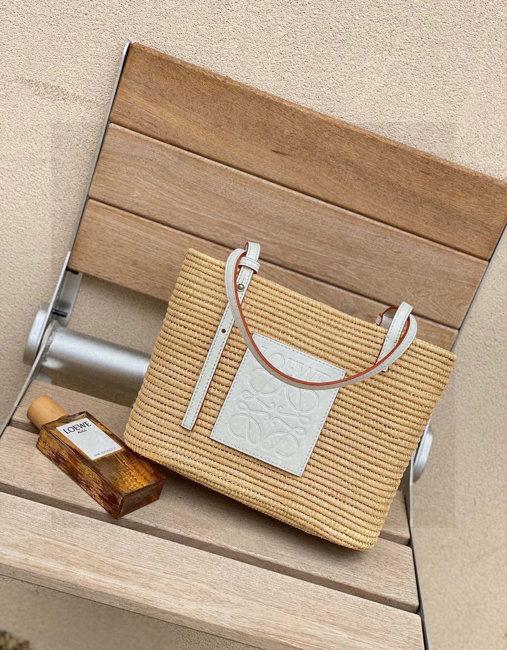 Loewe Small Square Basket Bag in Raffia and Calfskin Naturalwhite — view 2