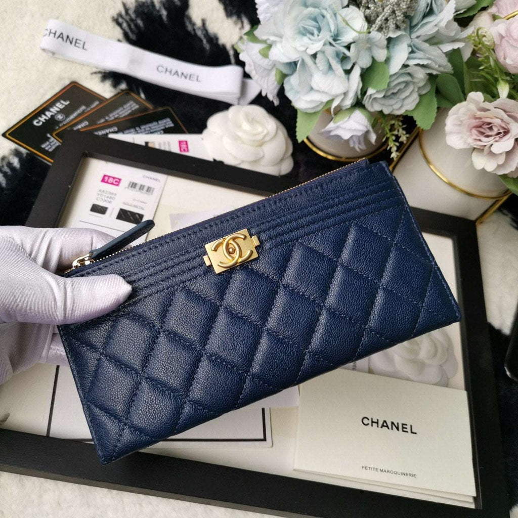 Chanel Caviar Quilted Classic Zip Boy Pouch - Navy — view 4