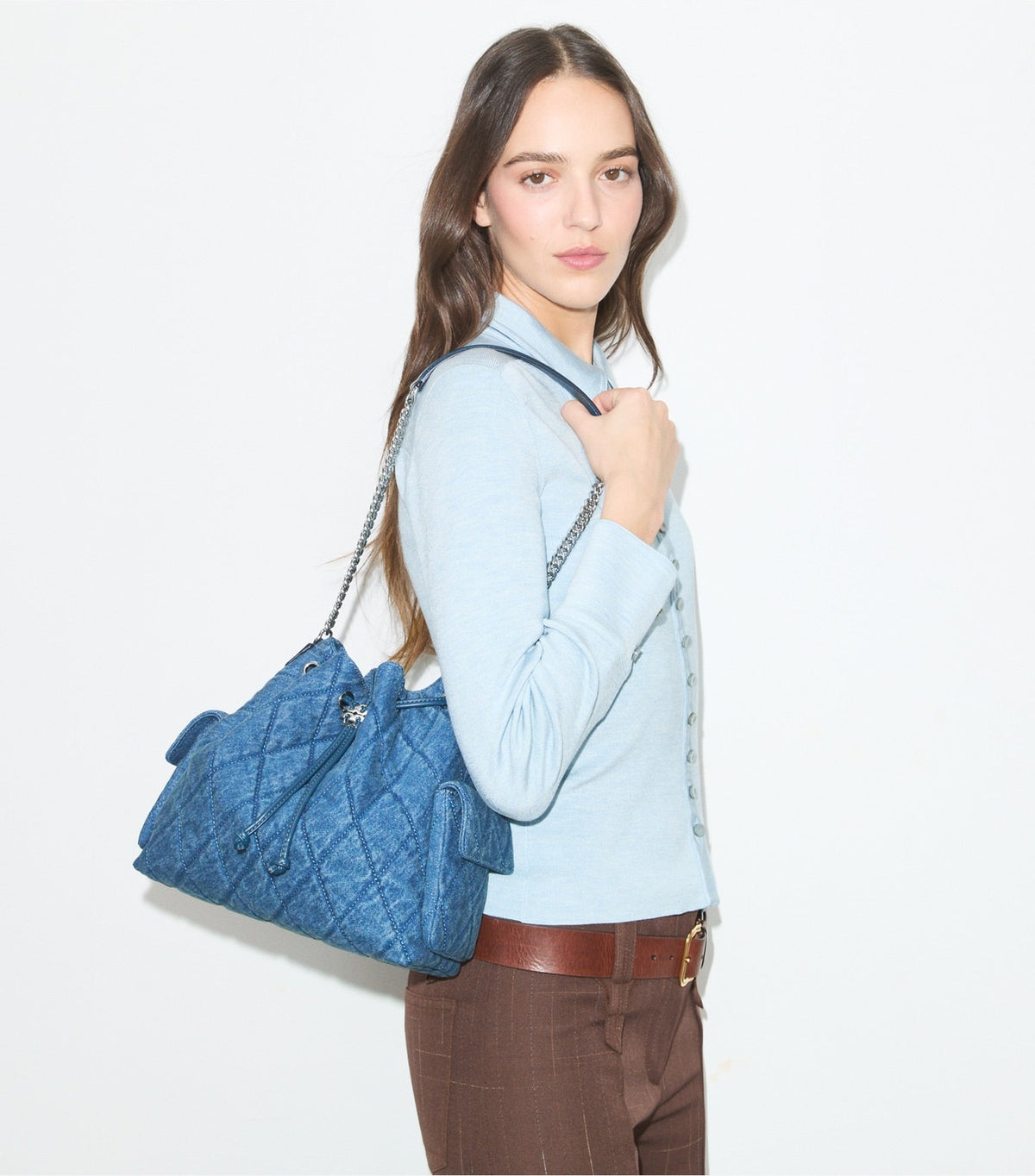 Tory Burch Charlie Quilted Denim Drawstring Shoulder Bag — view 4