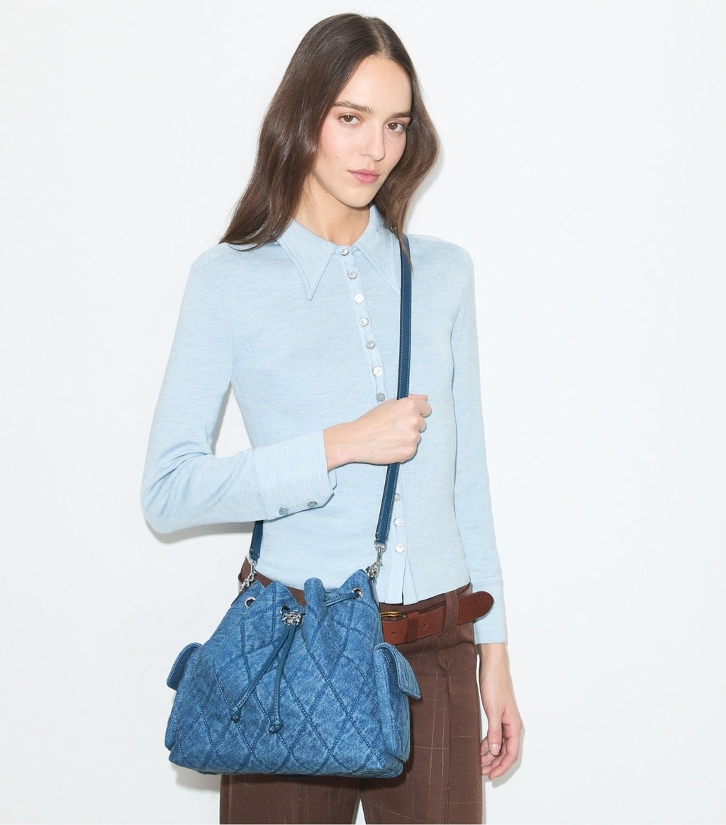 Tory Burch Charlie Quilted Denim Drawstring Shoulder Bag — view 3