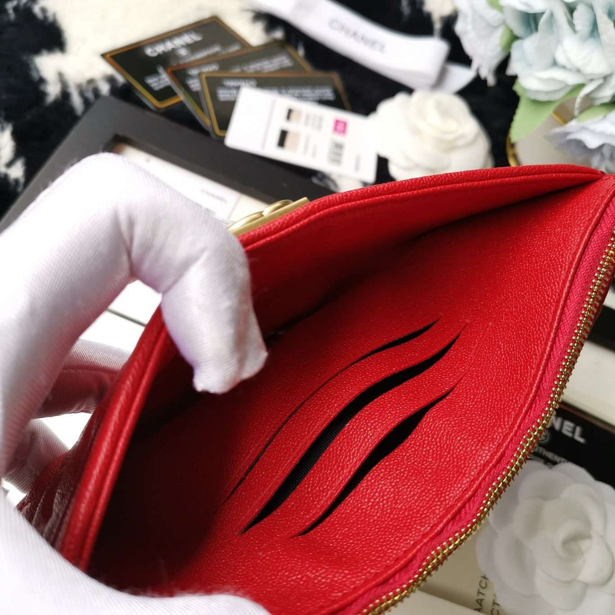 Chanel Caviar Quilted Zip Boy Pouch - Red — view 8