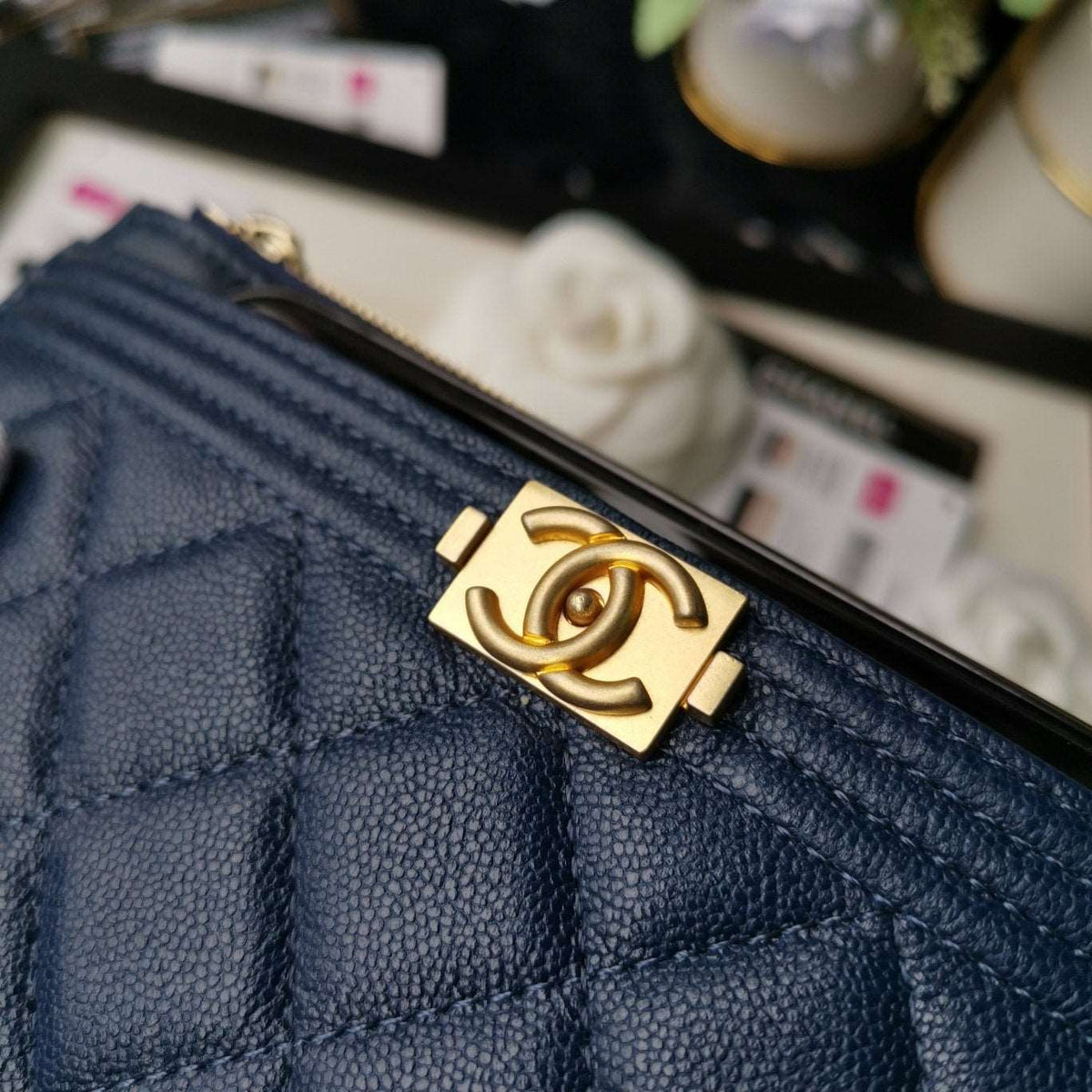 Chanel Caviar Quilted Classic Zip Boy Pouch - Navy — view 8