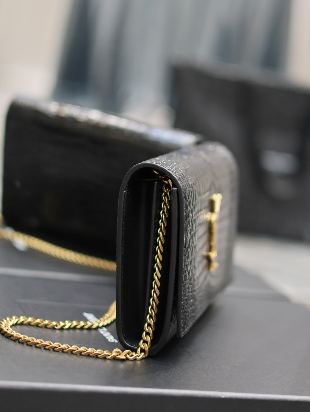 YSL Kate Croc Embossed Black Gold Hardware Shoulder Bag — view 4