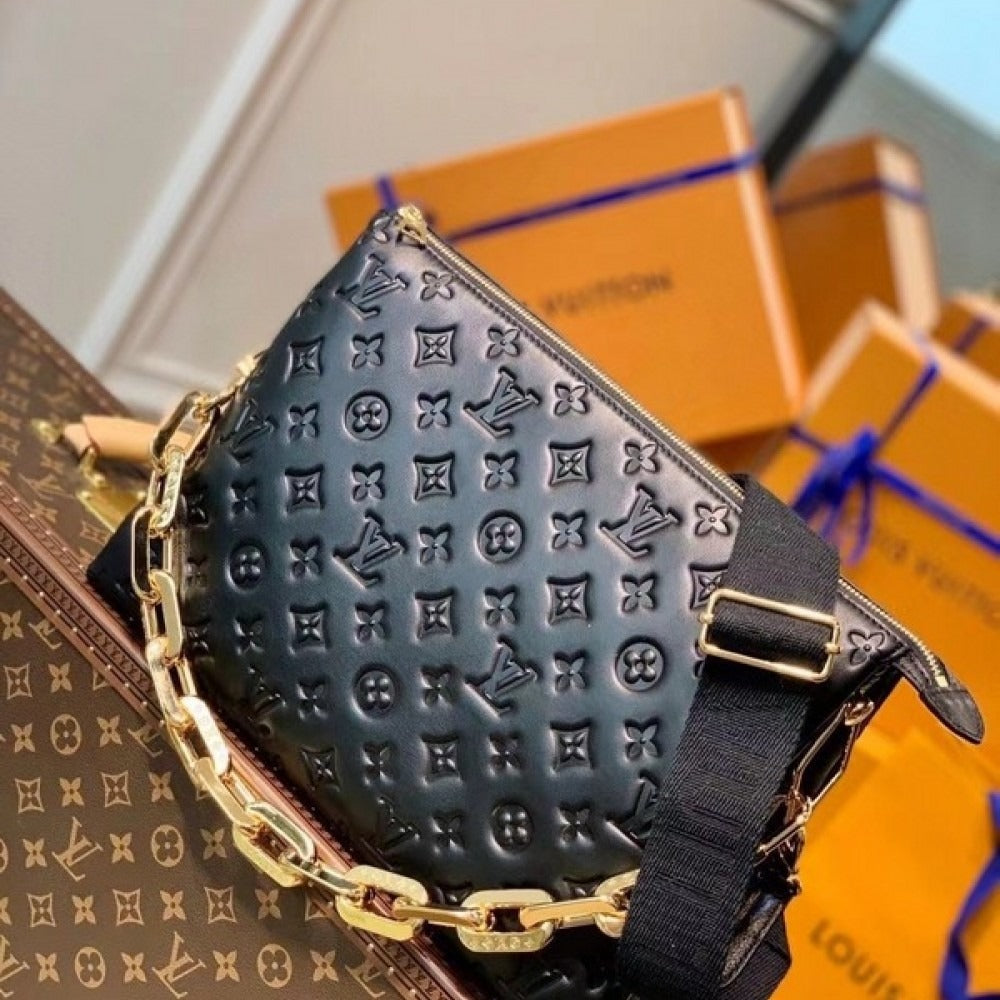 LV Coussin MM Monogram Empreinte Leather Shoulder Crossbody Bag with Black Quilted Exterior and Gold Chain Strap — view 2