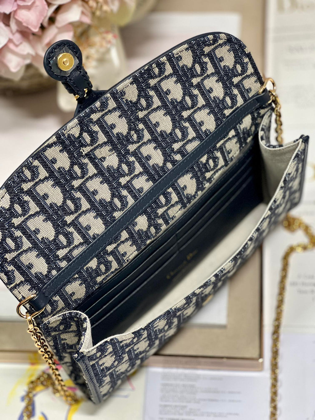 Dior Bobby Wallet On Chain East West Blue Oblique Jacquard — view 6