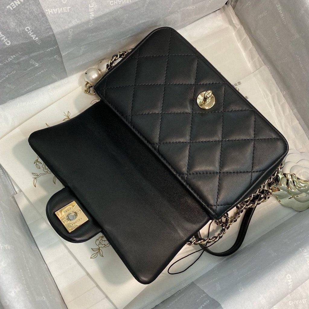 Chanel Pearl Logo Strap Flap Bag Black — view 5