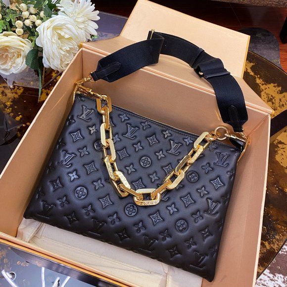 LV Coussin MM Monogram Empreinte Leather Shoulder Crossbody Bag with Black Quilted Exterior and Gold Chain Strap — view 1