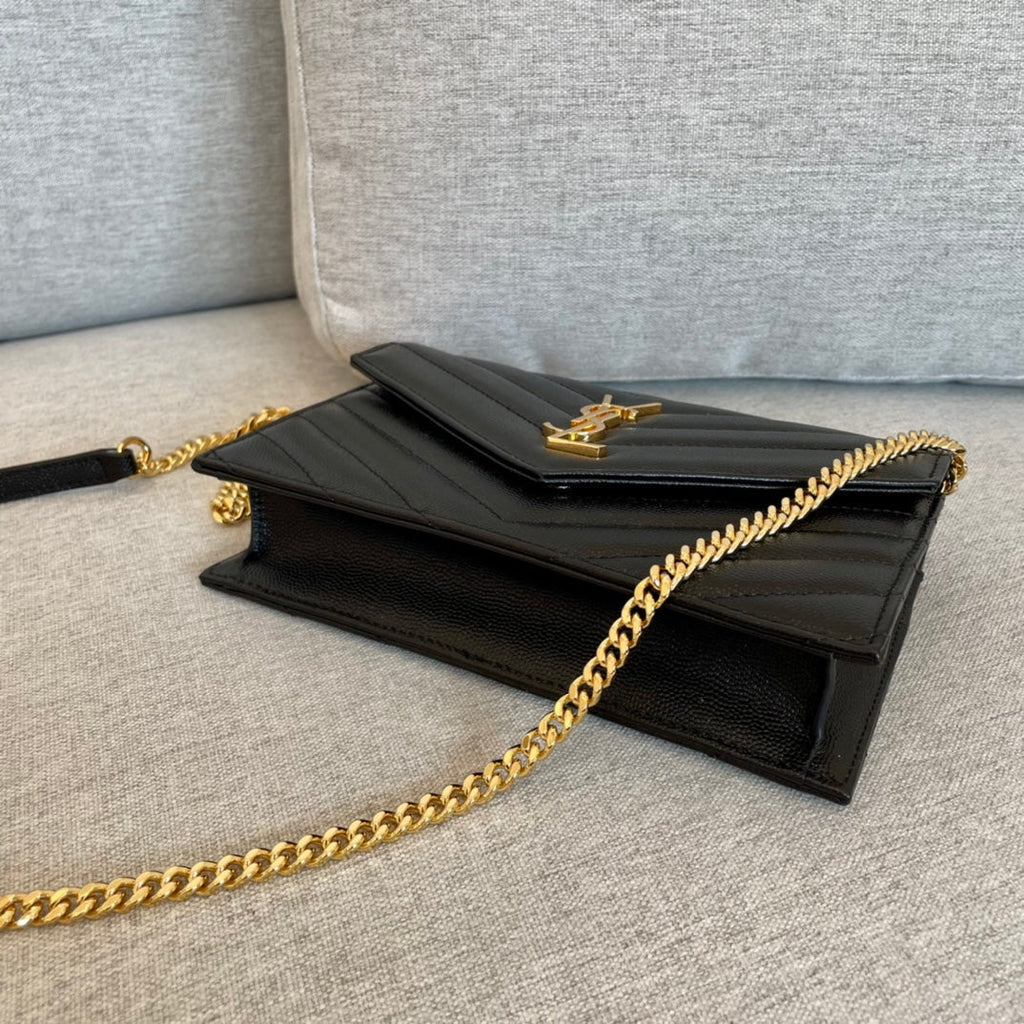 YSL Cassandre Envelope Chain Wallet Black Grain Leather Golden Hardware 19 cm — view 3