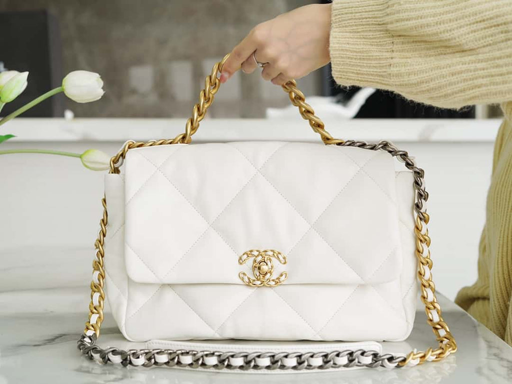 Chanel 19 Large Handbag Lambskin Gold AS1161 White — view 8