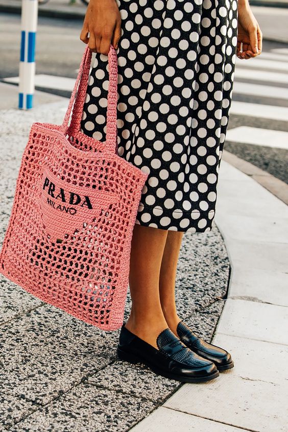 Prada Women's Natural Crochet Tote Bag-Pink — view 5