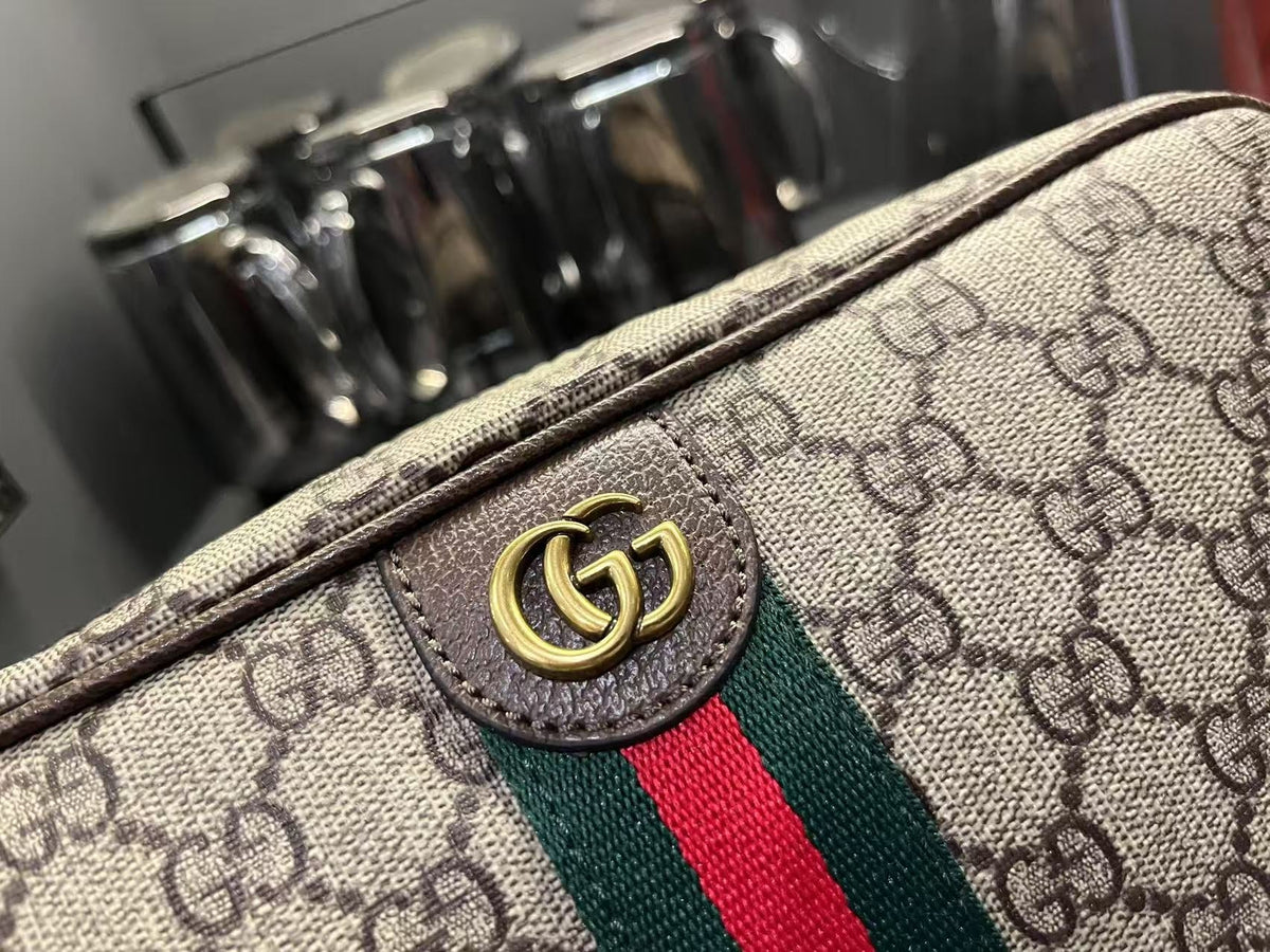 Gucci Ophidia Medium GG Supreme Canvas Shoulder Crossbody Bag with Web Stripe and Leather Trim — view 9