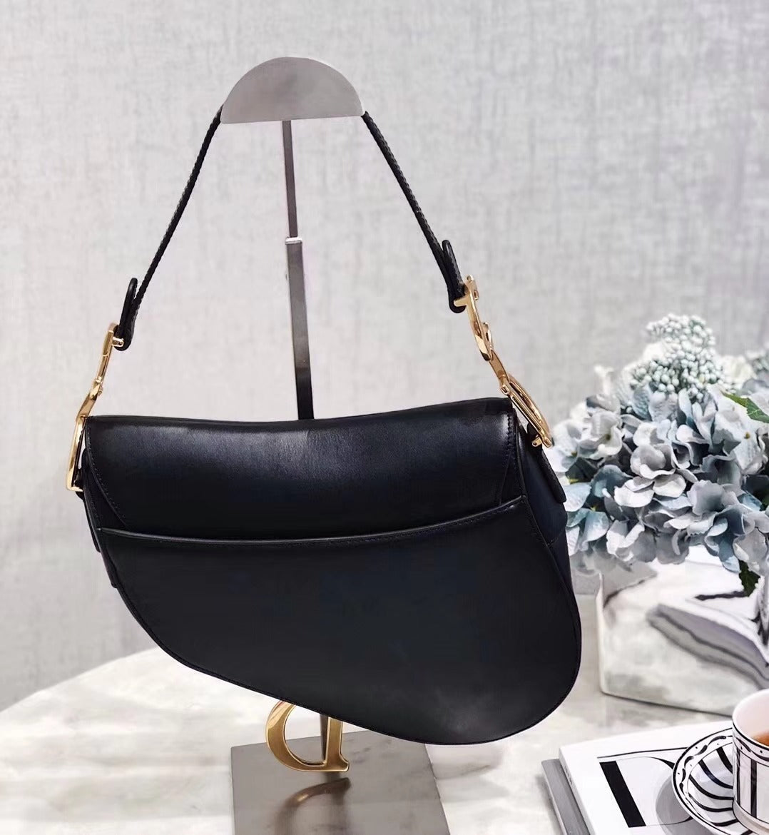 Dior Vintage Black Leather Saddle Bag with Gold Ornaments — view 3