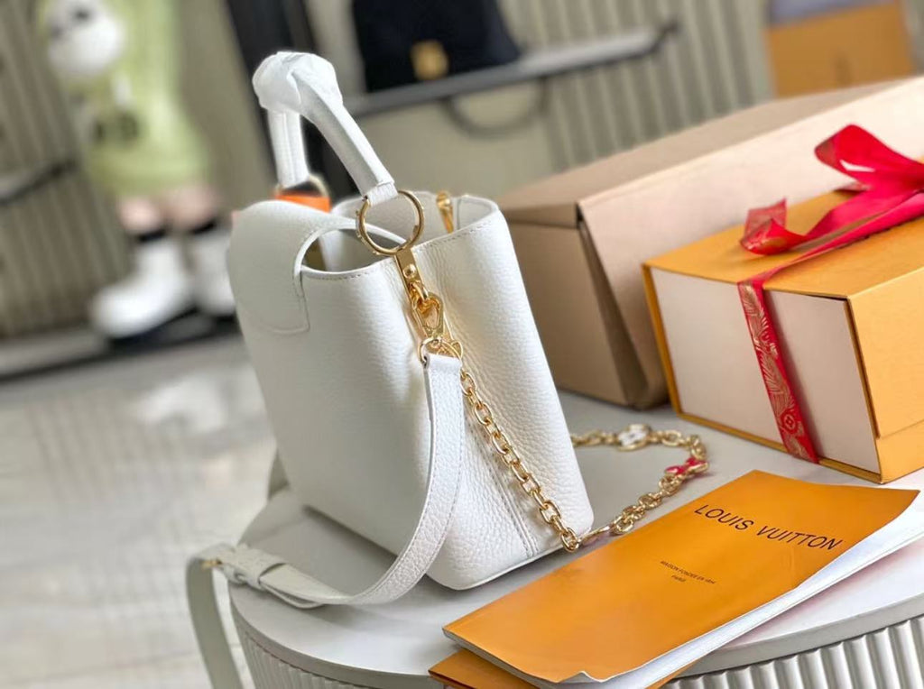 LV Capucines MM Taurillon Leather Handle Shoulder Bag with White Flower Strap — view 4