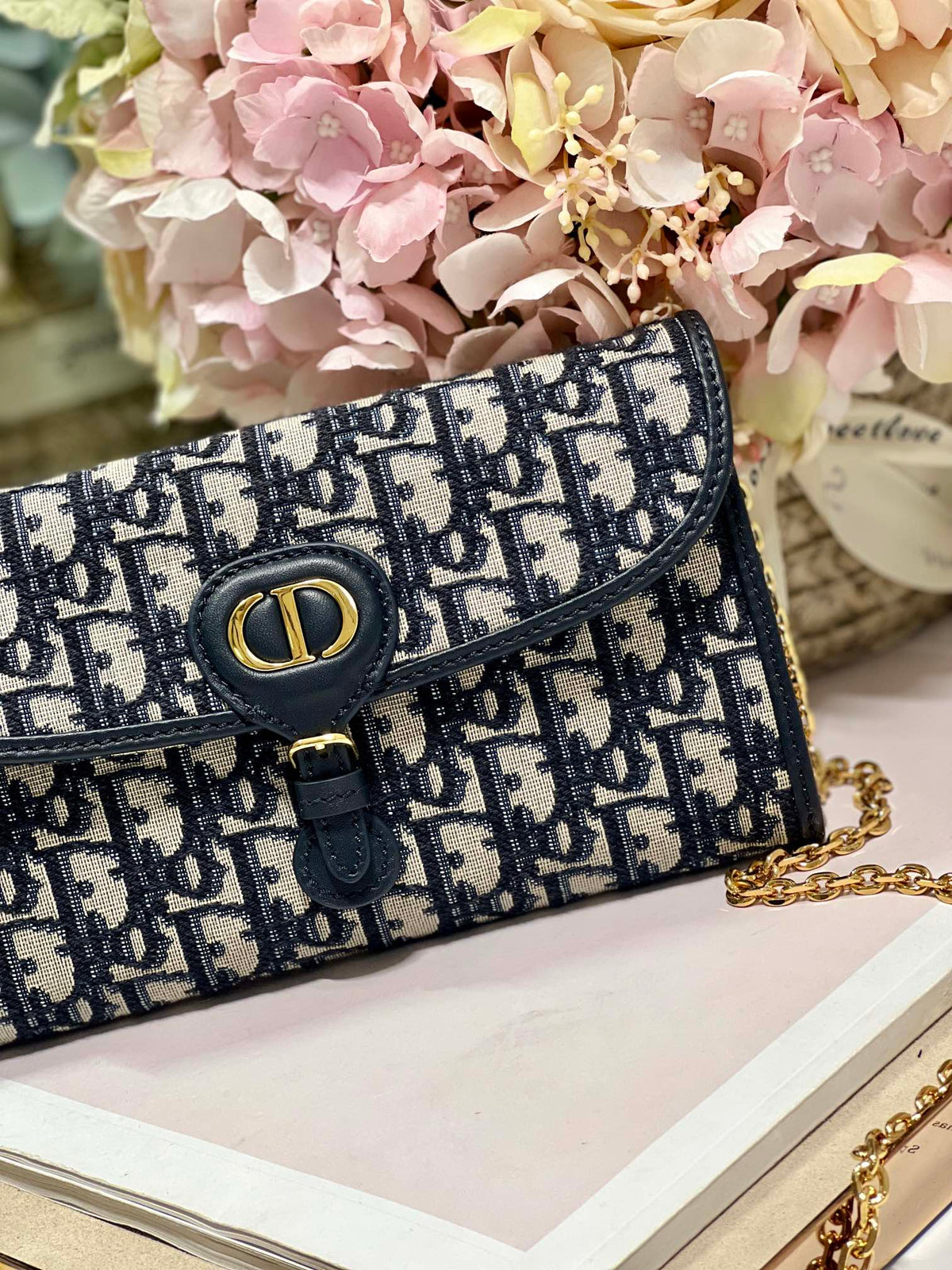 Dior Bobby Wallet On Chain East West Blue Oblique Jacquard — view 4