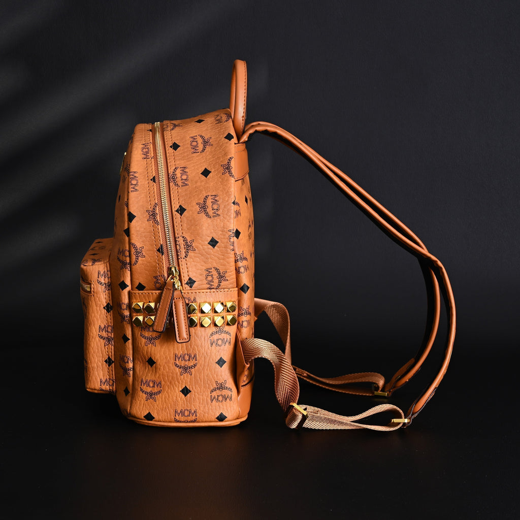Mcm Stark Visetos Medium Backpack – Cognac Monogram with Gold-Tone Studs - Cognac with Black Monogram Print — view 6