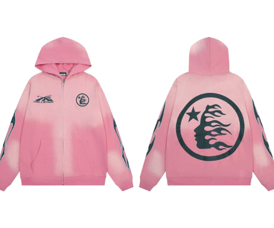Front and back of pink graphic zip-up hoodie